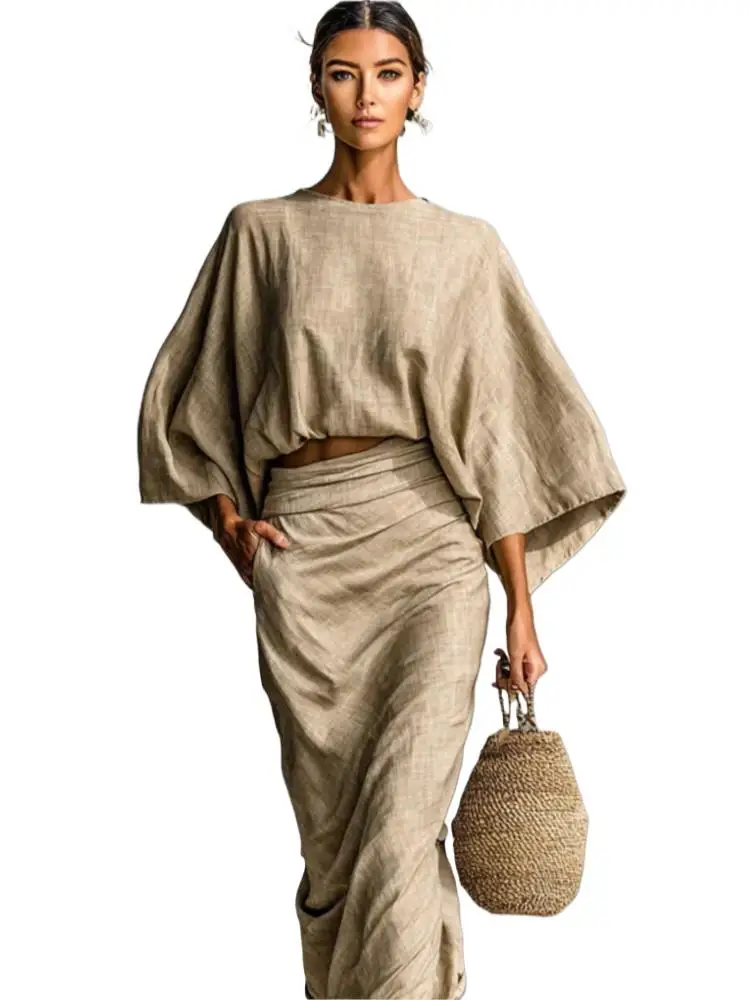 

2025 New Fashion Bat Sleeve Shirt + Skirt Suit Women Autumn Casual Loose Solid Color Home Top Long Skirt For Women