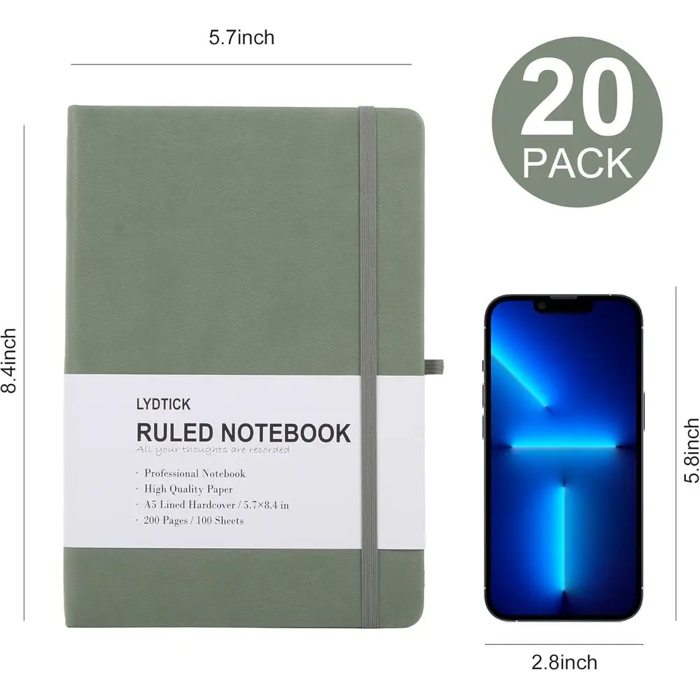 Bulk 20-Pack College Ruled Lined Notebooks, Hard Cover, 200 Pages, 5.7x8.4, Olive Green for School & Office