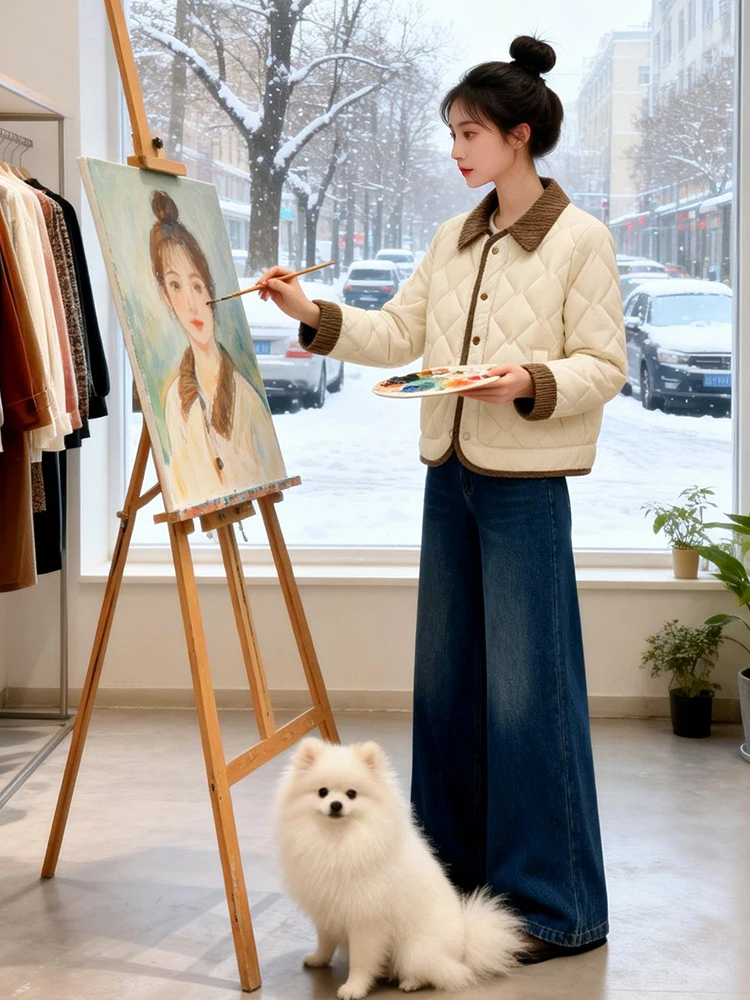 Europeu sle fce forrado de algodão jaet feminino faion solto ort casaco inverno novo design versátil sli