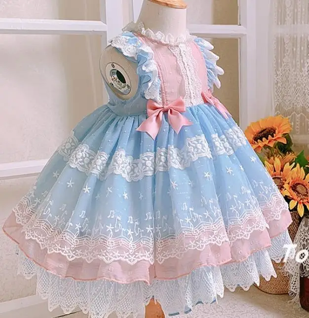 Baby girl summer Spanish lolita vintage vest ball gown dress kids lace mesh stitching bow Turkey birthday party dress
