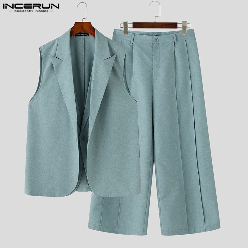 INCERUN Men Blazer Suit Notch Collar Sleeveless One Button Double Layer Blazer Vest And Solid Color Long Pants 2Pcs Pantsuit