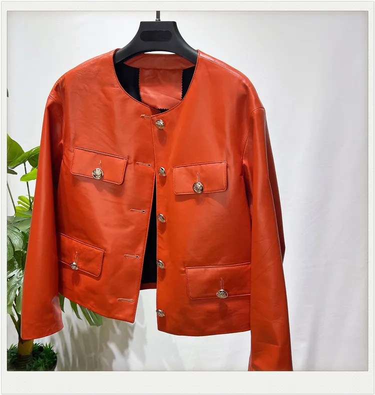 2023 Natural Sheepskin Coat Women\'s Leather Jacket Women Orange Leather Clothes Round Neck Fashion Slim Autumn New in Outerwear