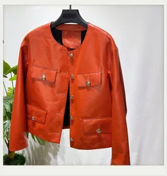 2023 Natural Sheepskin Coat Women's Leather Jacket Women Orange Leather Clothes Round Neck Fashion Slim Autumn New in Outerwear