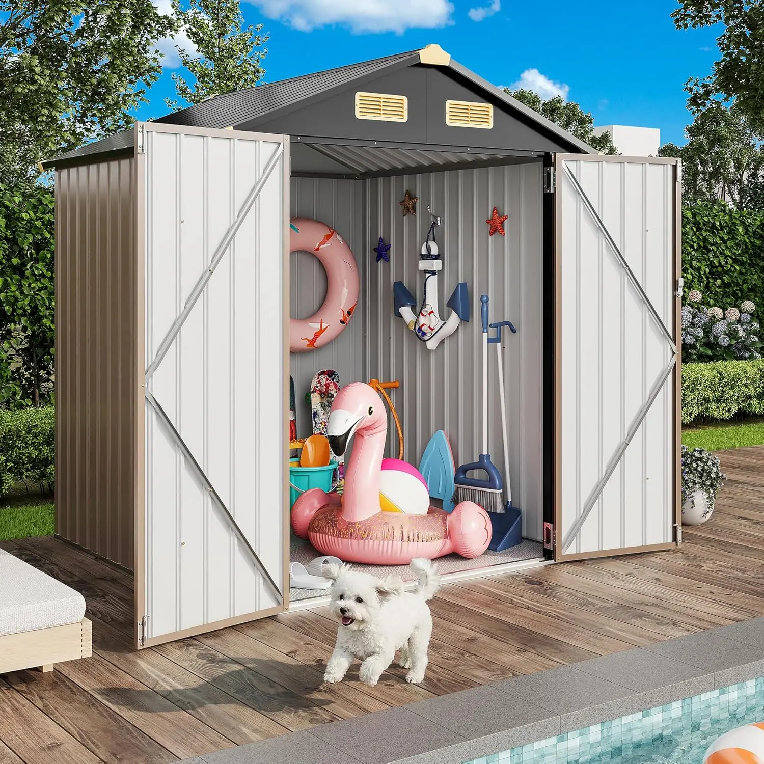 Caseta de Almacenamiento Metálica para Exteriores de 5.7x5.7 Pies con Ventilación y Puertas con Cerradura para Jardín, Piscina o Patio en Color Marrón