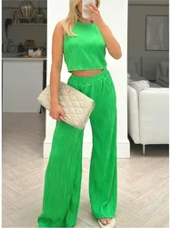 Women's Fold Design Casual Round Neck Crop Tank Top & Straight Leg Trouser Set New Summer Fashion Green 2pcs Sets Outfits Female