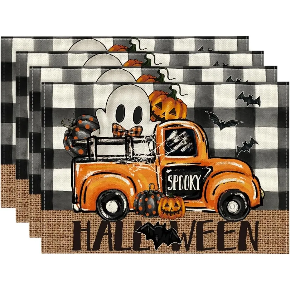 

Buffalo Plaid Bat Ghost Truck Жуткие подставки для Хэллоуина, набор из 4 сезонных ковриков 12x18 дюймов для вечеринки, кухни