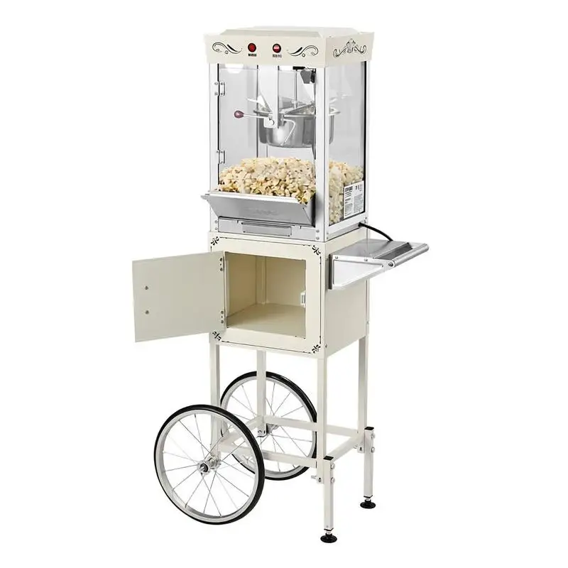 

Commercial Popcorn Maker Cart 8oz Kettle For Movie Theater Home Party Concession Stand, 800W 48 Cups Batch 2-Button Control Glass Walls PC Door Measuring Scoop Spoons White