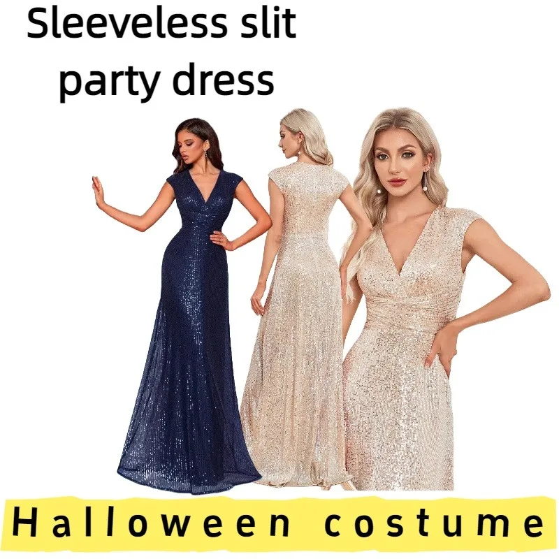 

Европейско-американское женское элегантное вечернее платье без рукавов с высоким разрезом для вечеринок, банкетов, встреч, официальных мероприятий