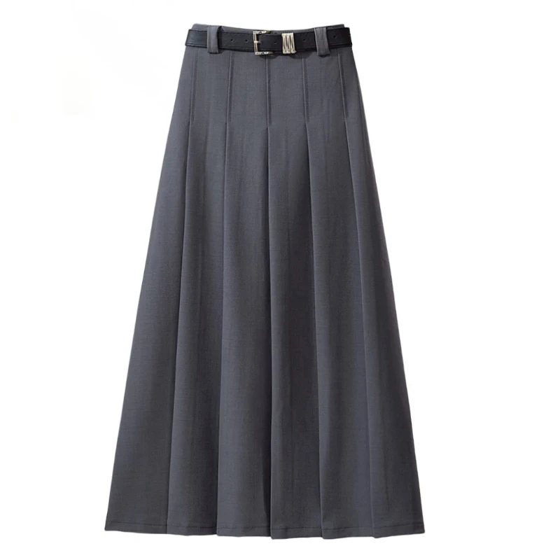 

Office Lady Gray High Waist Long Skirts Woman Elegant Black Pleated A Line Skirt 2026 Fashion Sashes Ankle Length Skirts Female