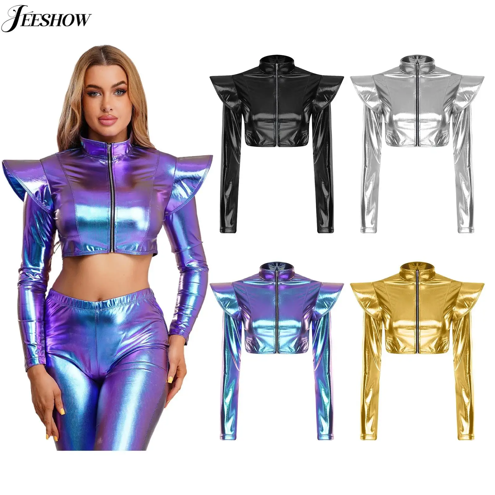 Womens Shiny Metallic Long Sleeve Cropped Jacket Holographic Stand Collar Front Zipper Slim Fit Crop Top for Rave Party Clubwear