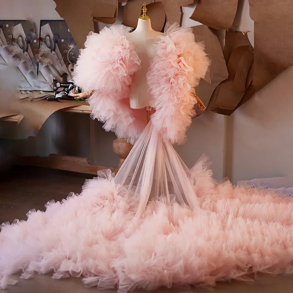 Puffy plissado tule robe vestido rosa ver através da moda feminina casaco jaqueta babados fofo feminino jaquetas em camadas exuberante personalizado