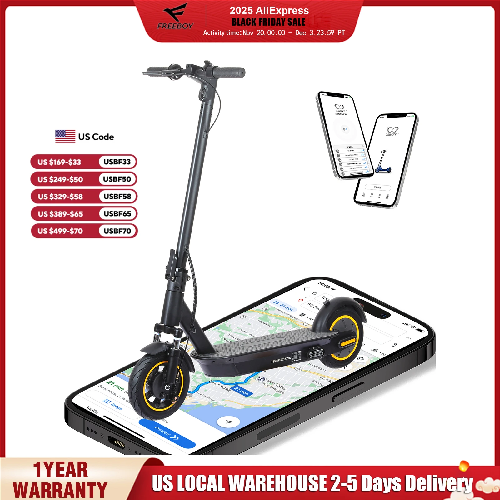 

FREEBOY 500W Adult Electric Scooter with Shock Absorbers, Load 330lbs, APP Support E-Scooter,Folding Commuter Scooter