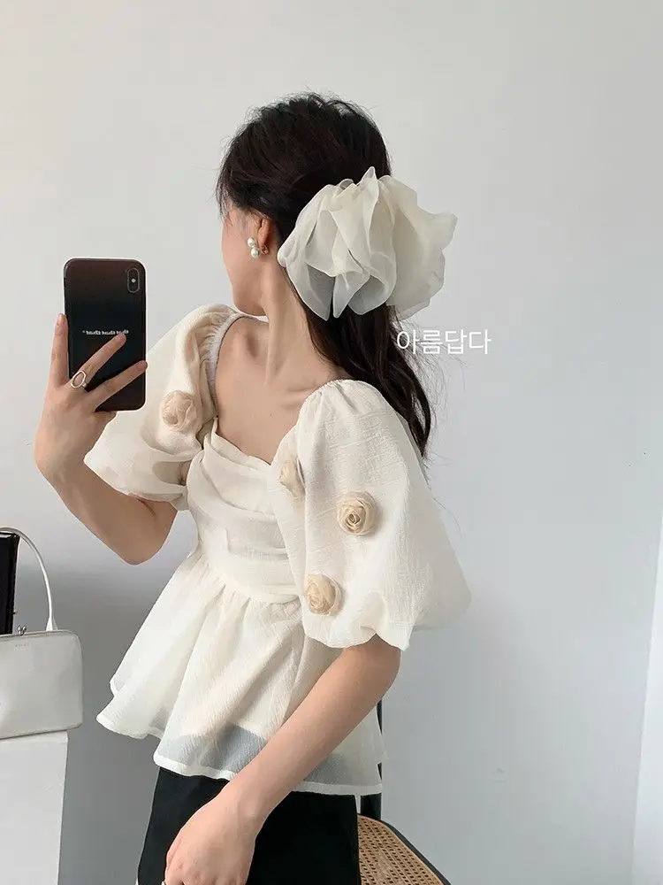 

Apricot Bubble Sleeve Mesh Tops Women Summer French Pretty Waisted Slim Blouse Rose Square Neck Chiffon Doll Shirt Clothing