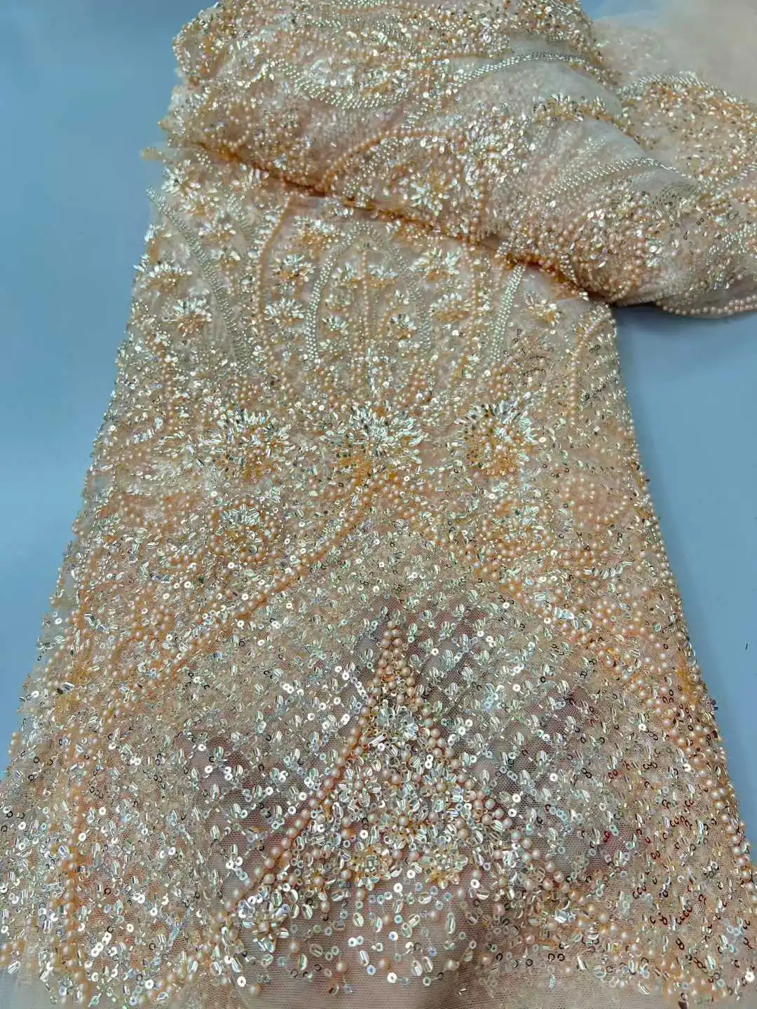 African Heavy Beaded Tulle Lace Fabric 2025 High Quality Sequins Embroidery French Nigerian Lace Fabric For Wedding Party Dress