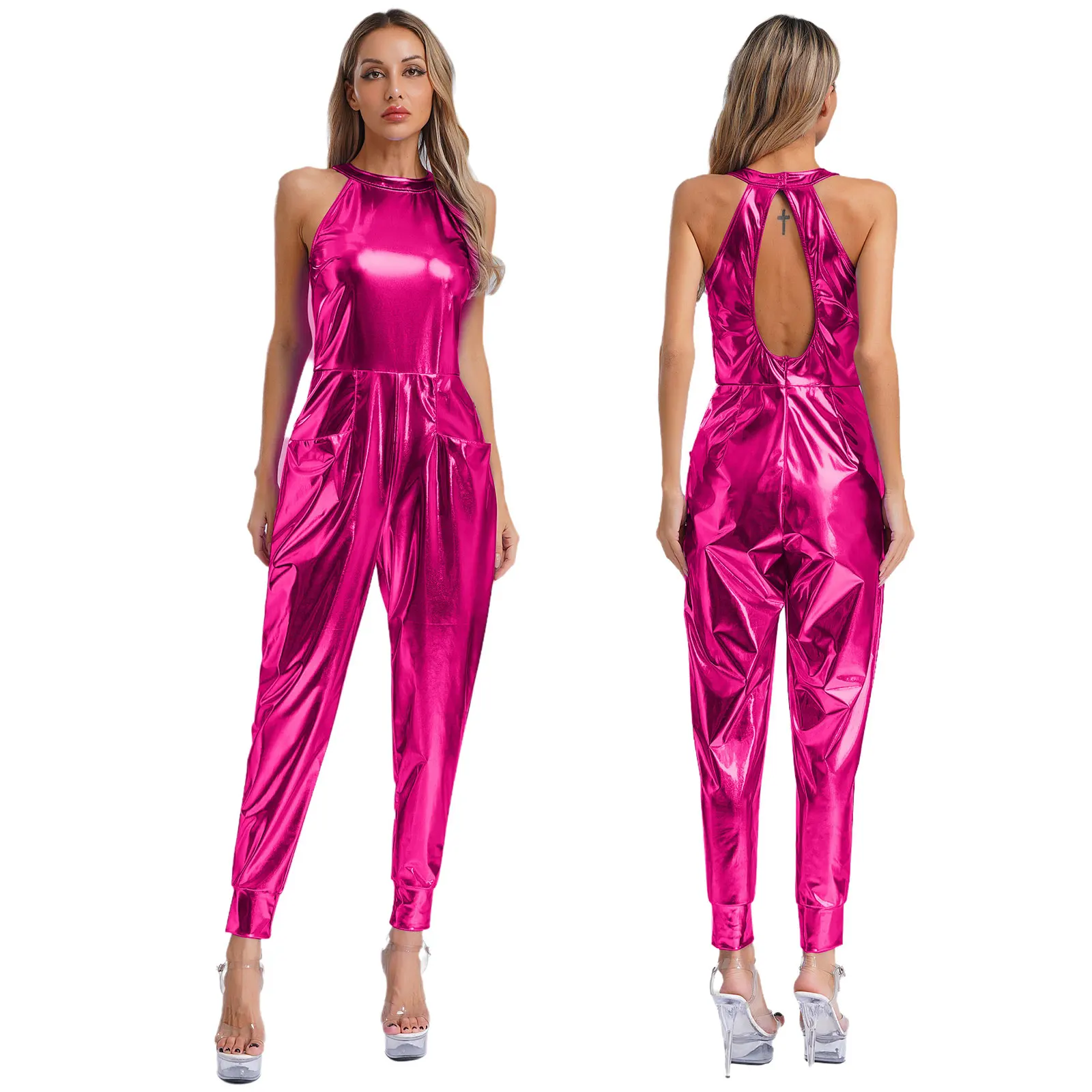 

Women Shiny Metallic Sleeveless Bodysuit Disco Dancewear High Waist Zipper Romper Hollow Out for Disco Ballroom Rave Club Wear