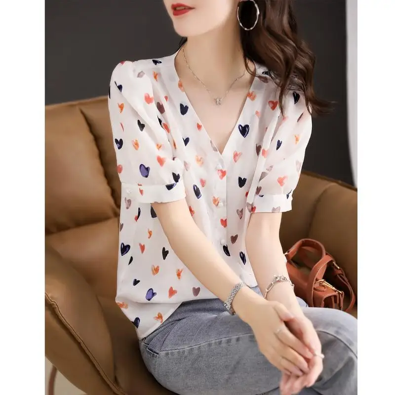 Summer Women's Cardigan Short Sleeve Button Geometric Printing Chiffon V-Neck T-shirt All-match Comfortable Fashionable Tops
