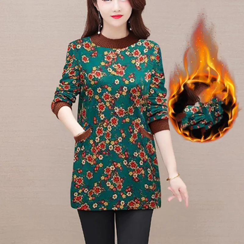 Women's Round Neck Patchwork Thick 2023 Autumn and Winter New Plant&Flowers Printing Pocket Long Sleeve Elegant Pullover Tops