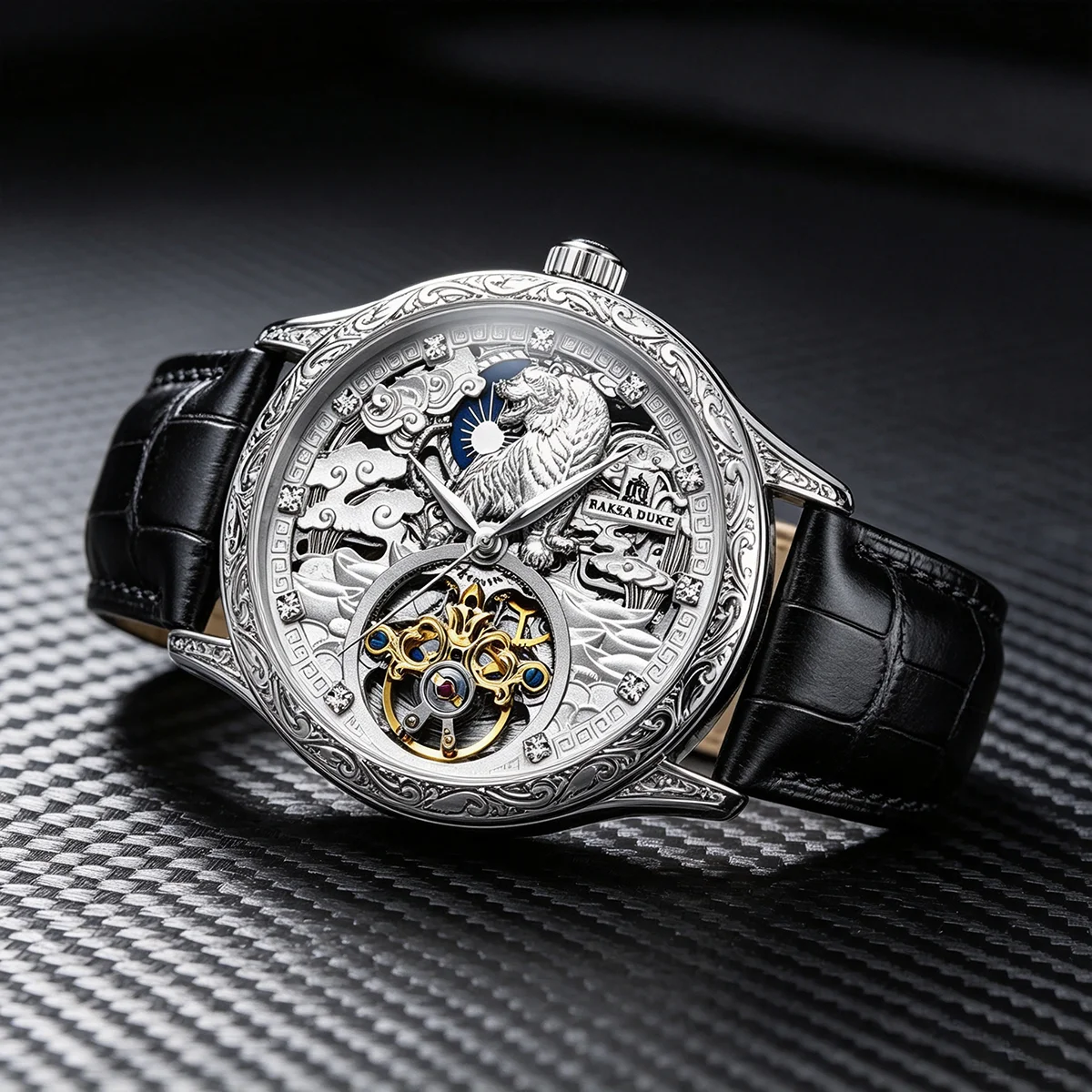 Luxury Men Automatic Mechanical Watch 3D Tiger Engraved Skeleton Dial Moon Phase Display Leather Strap Waterproof Clock Relogio