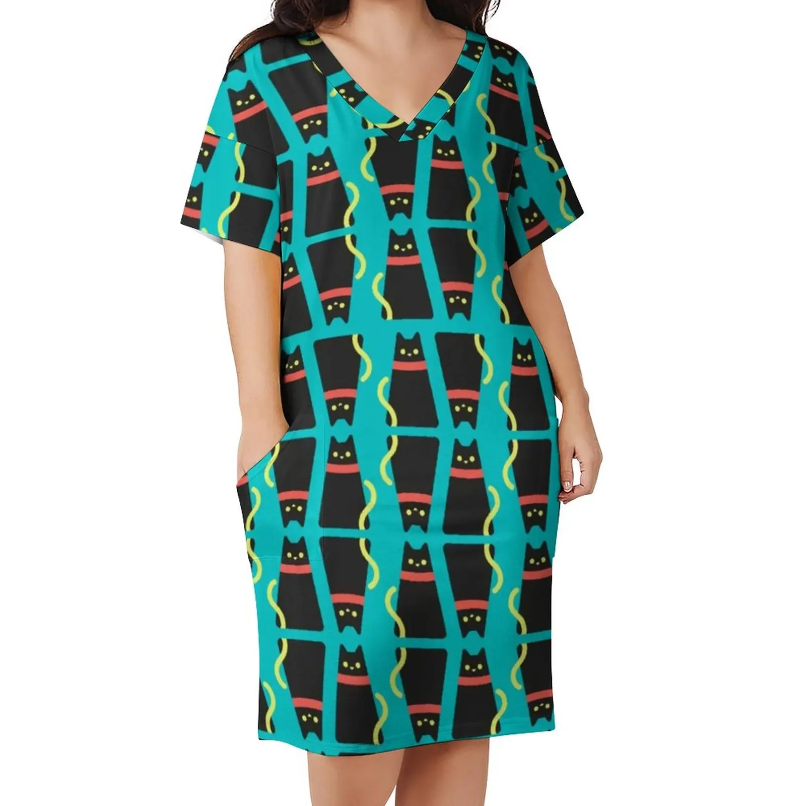 Fun Black Cat Casual Dress Holiday Yellow Tail Print Cute Dresses Women V Neck Pattern Trendy Fashion Dress Plus Size 4XL 5XL