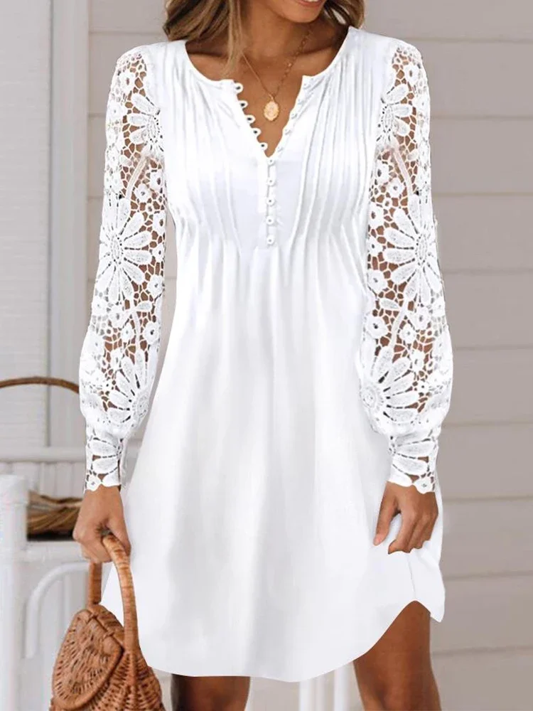 White Mini Dress Women Summer Elegant Dress Female Fashion O Neck Button Dress Ladies Lace Hollow Out Long Sleeve Dress