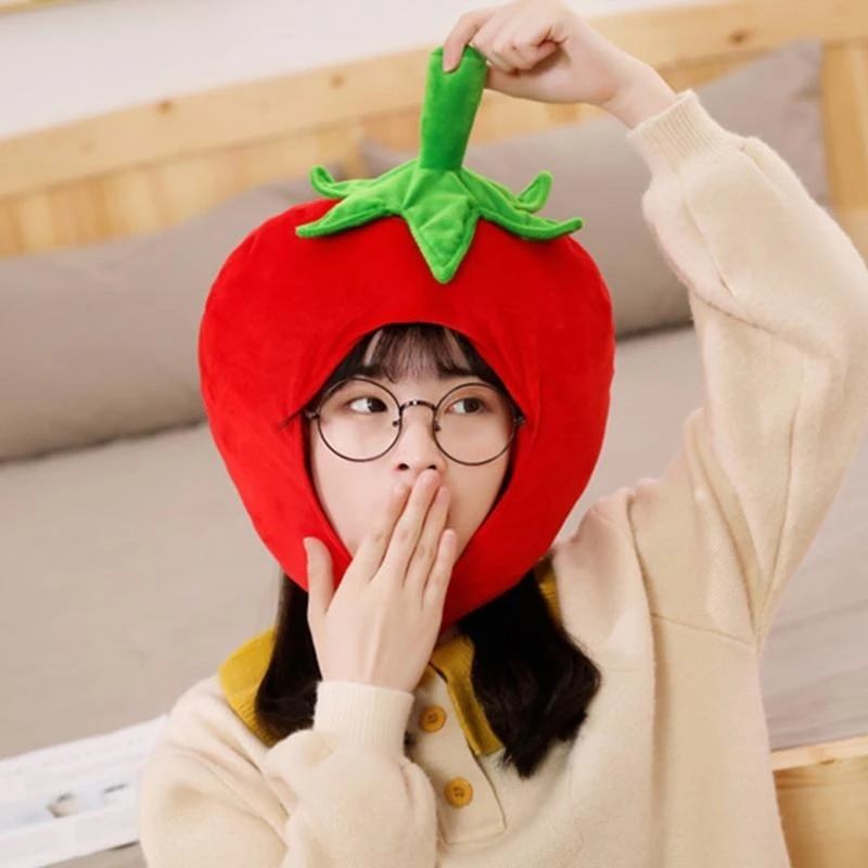 50LE Adult Kids Lovely Tomato Plush Hat Funny Fruit Stuffed Headgear Warm Earflap Cap Performance Cosplay Party Photo