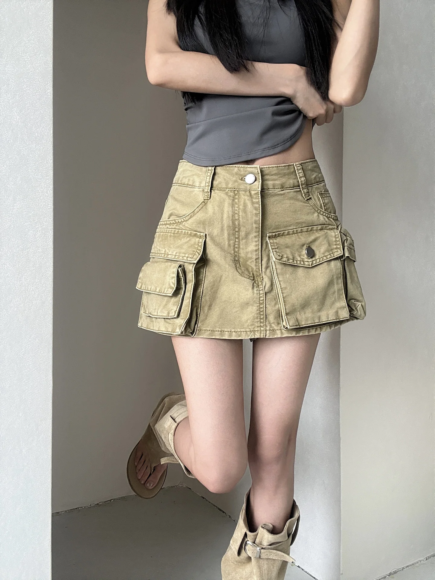 American Style Comfortable Casual Women's Denim Shorts Big Pocket Slimming Workwear Cotton Blend Anti-Static mid Waist H-Shape
