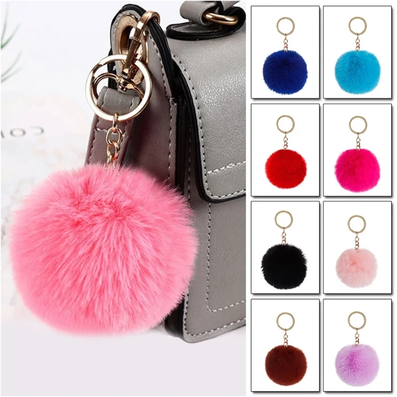 Pom Poms Keychains Fluffy Artificial Fur Puff Hair Ball Pompoms Car Bag Backpack Pendant Charms with Circle Keyring