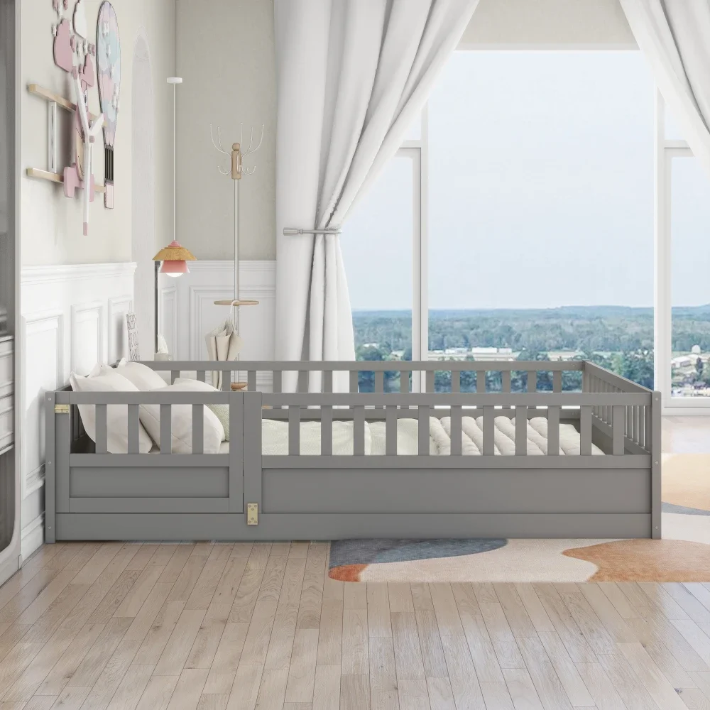 Cama de suelo de tamaño completo, construcción integral con barrera de seguridad súper alta, puerta, estructura de cama de suelo para niños, madera Montessori