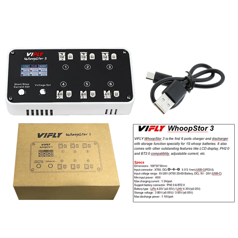 NIEUWE VIFLY WhoopStor 3 V3 6 Poorten 1 S LIPO LiHV Batterij Oplader Ontlader Opslag LCD TYPE-C DC TX60 Voor RC FPV BT2.0 PH2.0