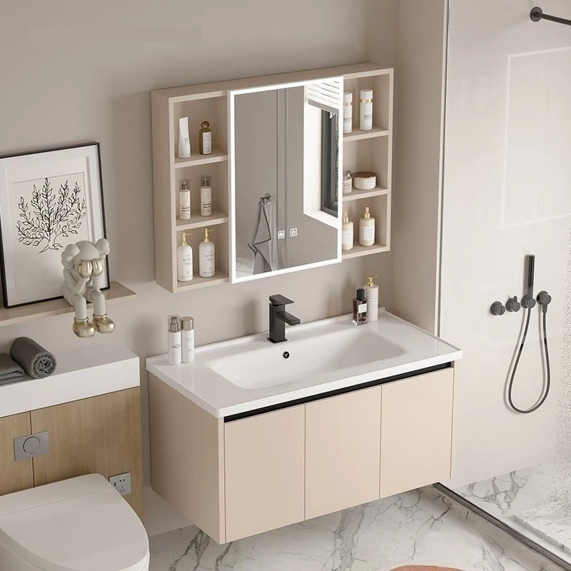 90cm Modern Bathroom Vanity Cabinet with Ceramic Sink, Wall Mounted Space Saving Bathroom Cupboard, Waterproof Floating Vanity