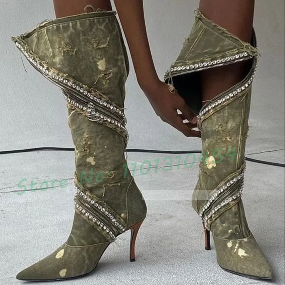 Crystal Zip Wrap Denim High Boots For Women Pointy Diagonal Zip Patchwork High Heels Shoes Ladies New In Luxury All-match Boots