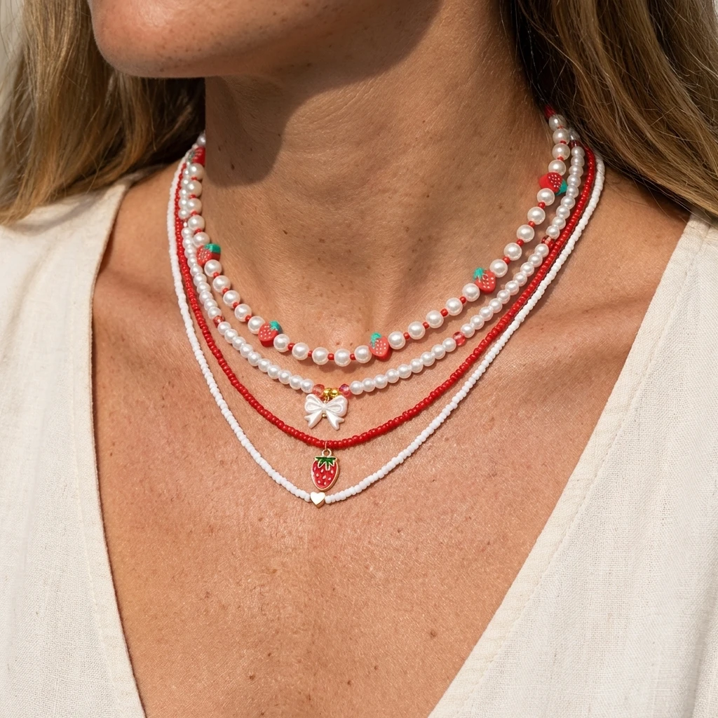 

Boho Summer Red Strawberry Beaded Necklace for Women Girls Y2K Pearl Butterfly Beads Short Neck Choker Party Wedding Jewelry