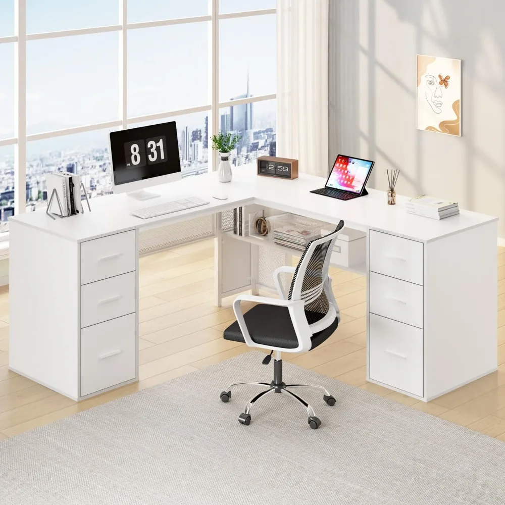 

White L Shaped Desk with Drawers Shelves, Large Home Office Corner Computer Desk with Storage File Cabinet, Modern Metal Woo