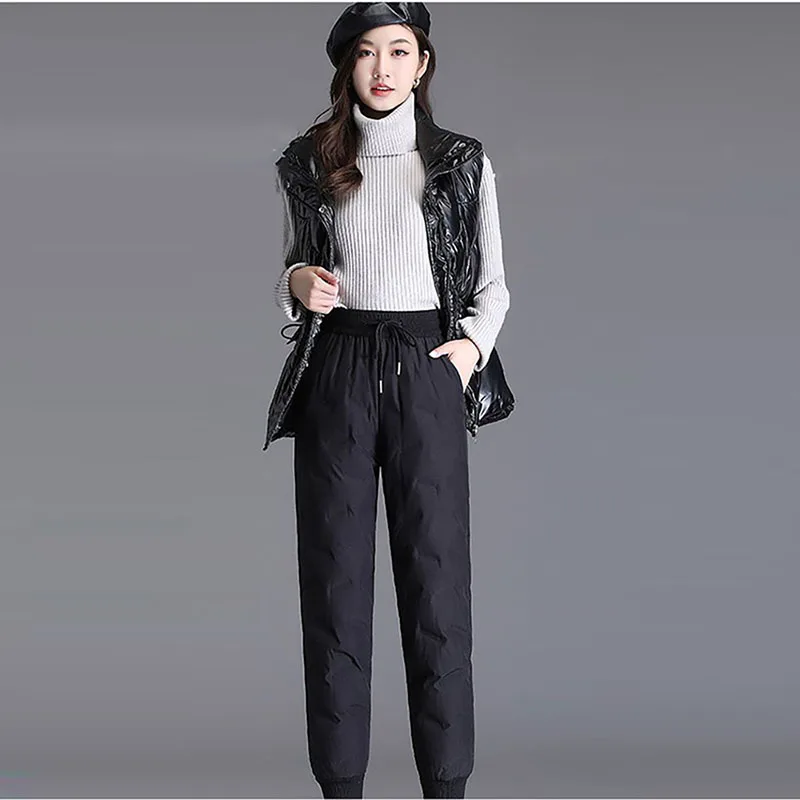 90% White Duck Down Casual Fashion Pants Female 2023 New Winter Lace-up Pants High Waist Slim Thicken Warm Women Down Trousers