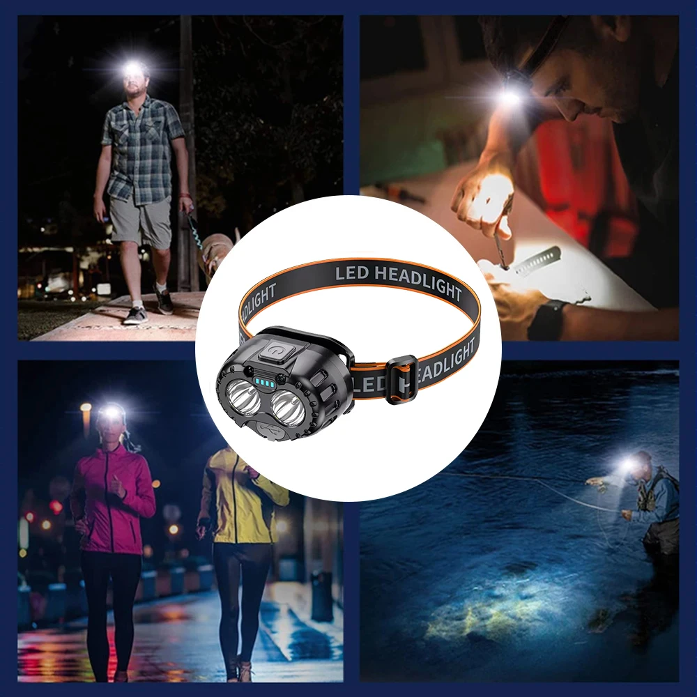 Powerful LED Sensor Headlamp Bright Fishing Headlight USB Rechargeable Head Lamp with Battery Emergency Camping Head Flashlight