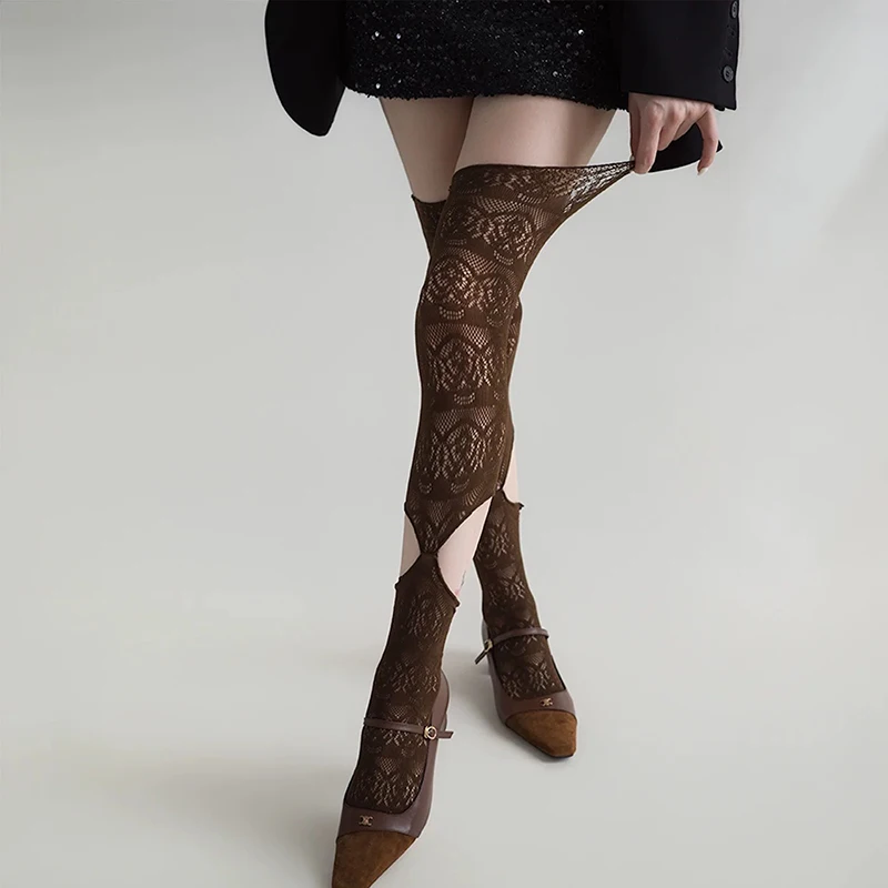 

Fashion Lace Hollow Over Knee Stockings for Women Sexy Flower Pattern Mesh Hosiery Gothic Y2k Splicing Fishnet Stockings