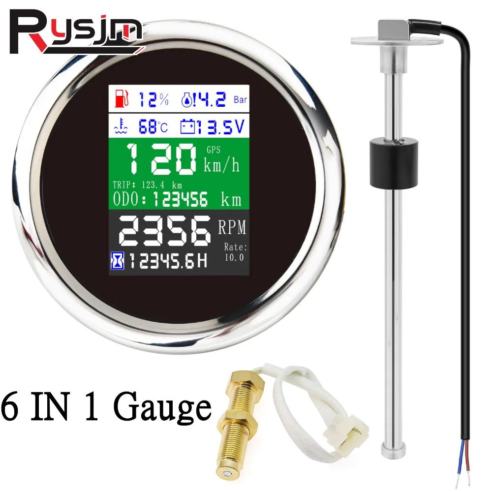 HD 85mm 6 in 1 Multi-functional Digital Gauge GPS+Fuel Level+Water Temp+Oil Pressure 0~10Bar With Alarm Tacho meter For Car Boat