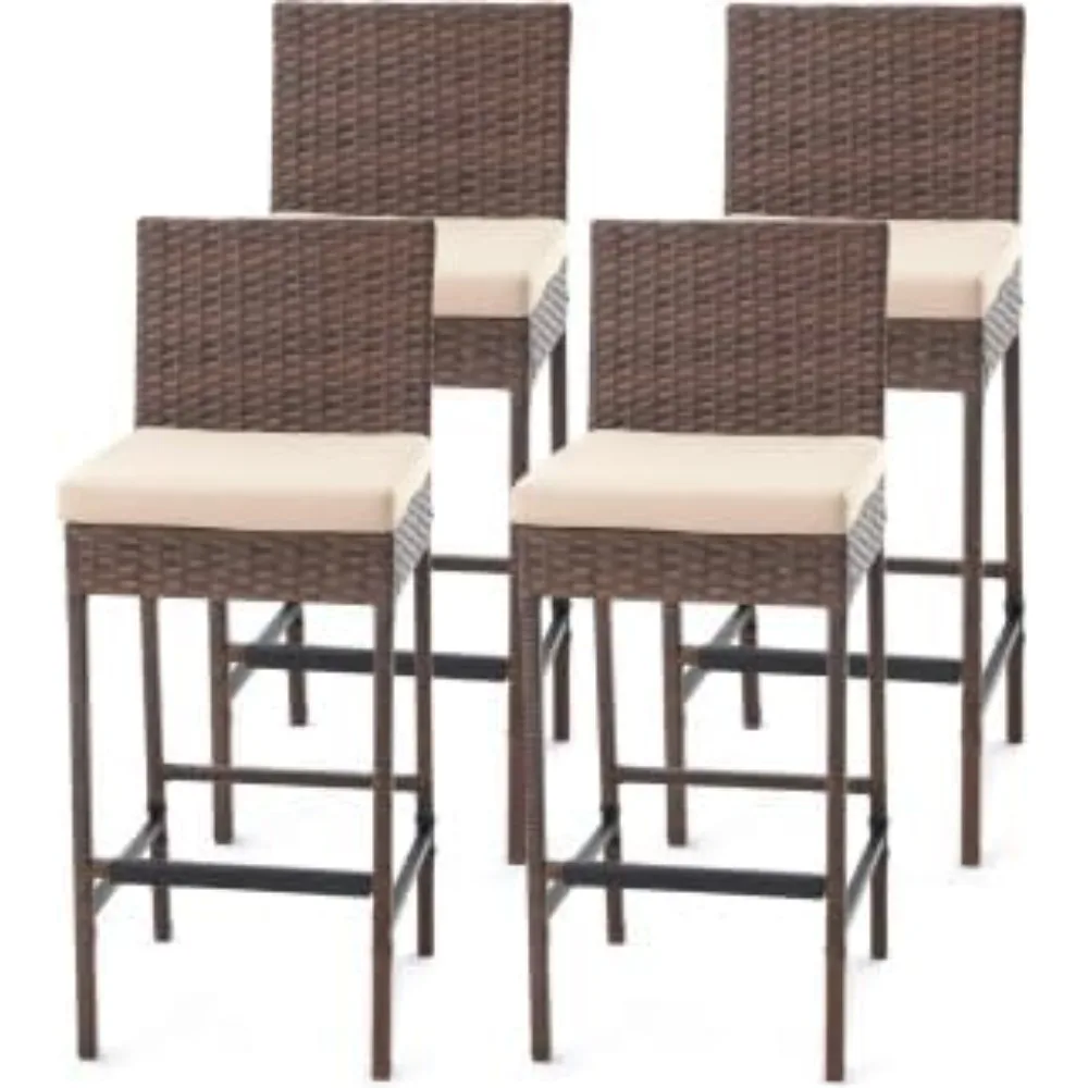 

Set of 4 Outdoor Rattan Bar Stools with Cushions – Armless Wicker Barstools for Patio, Poolside, Deck & Backyard, Weather-Resis