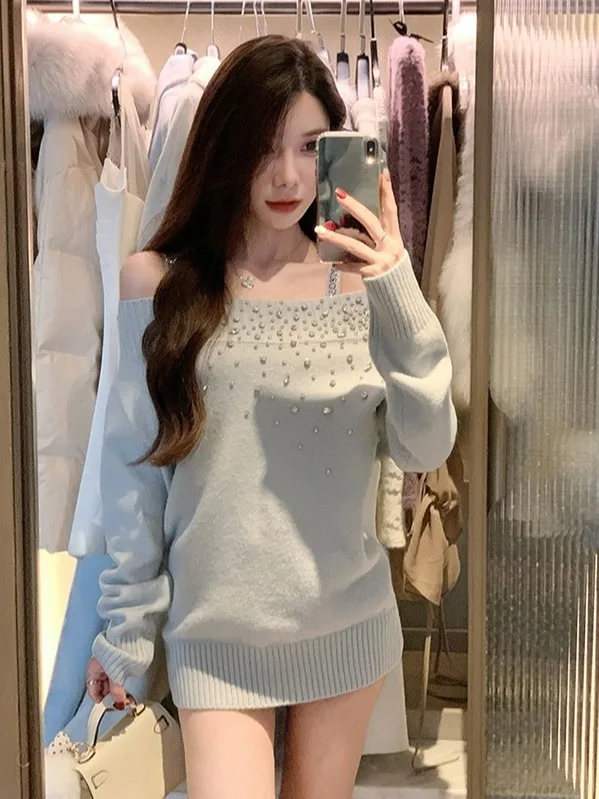 مثير الماس مزين فضفاض محبوك سترة المرأة الحلو واحد الكتف تصميم الخريف الشتاء جديد Sle الدافئة الحرارية Faion