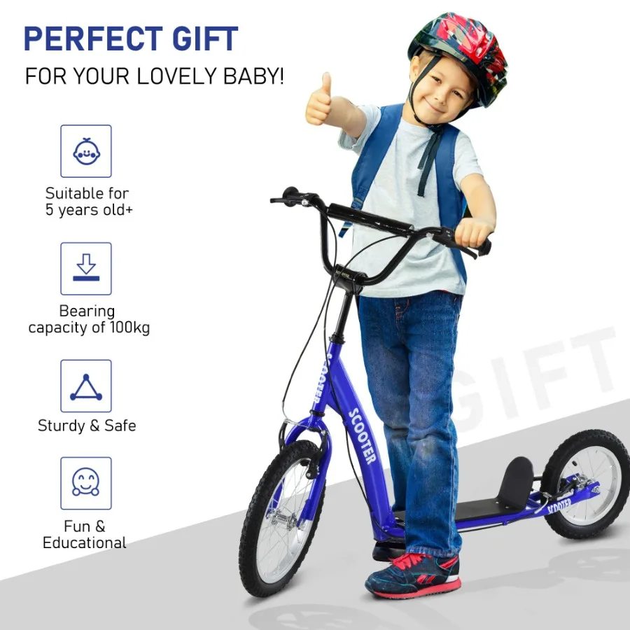 Aosom Youth Scooter Kick Scooter para 5+ con manillar ajustable 16 frenos dobles delanteros y 12 traseros ruedas inflables azul