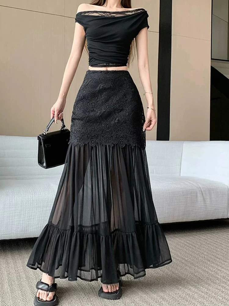 Black Lace Patchwork Women Skirt Y2K Summer Thin Mesh Stitching A Line Skirt High Waist Elegant Office Lady Slim Midi Skirts New