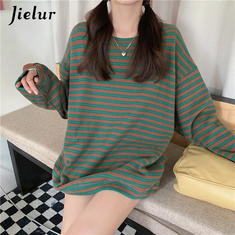 Jielur Winter Korean Style Pullover Spell Color Striped Hoodie Women Green Harajuku Sweatshirt Loose Casual Clothes Female M-XL