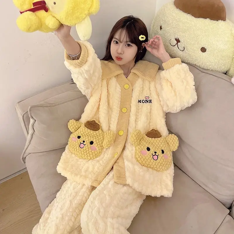 

Sanrio Pompom purin Women's Coral Fleece Pajamas Set Thickened Plush Long Sleeve Cardigan New Autumn Winter Home Loungewear Cozy