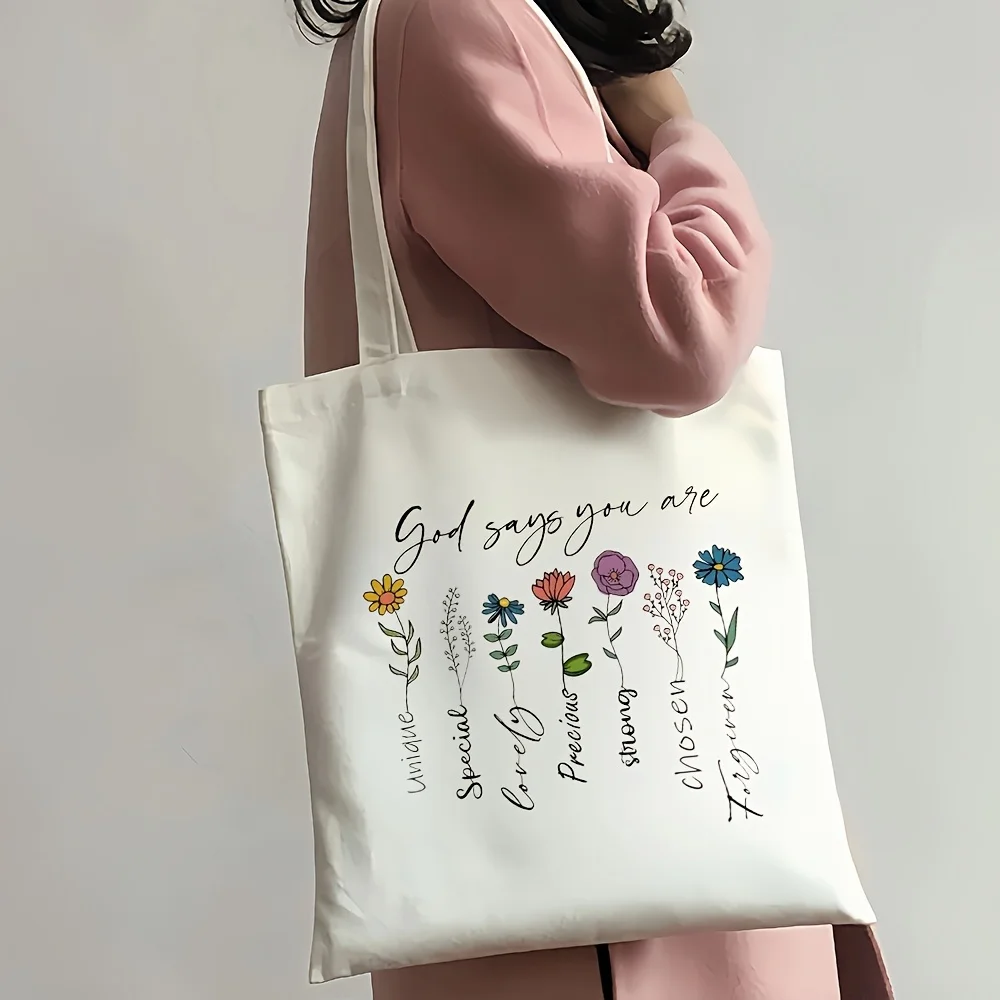 1pc of a Floral-Themed Canvas Tote Bag for Women Featuring an Uplifting Bible Verse - Spacious, Grocery And Shoulder Bag Made fr