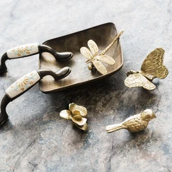 American European Retro Brass Small Butterfly Orchid Handle Wardrobe Cabinet Shoe Cabinet Drawer Cabinet Door Pure Copper Handle