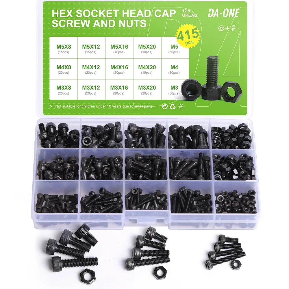 415pcs M3 M4 M5 12.9 Grade High Quality Black Allen Bolt Hex Socket Round Cap Head Screw And Hex Nut Set Kit