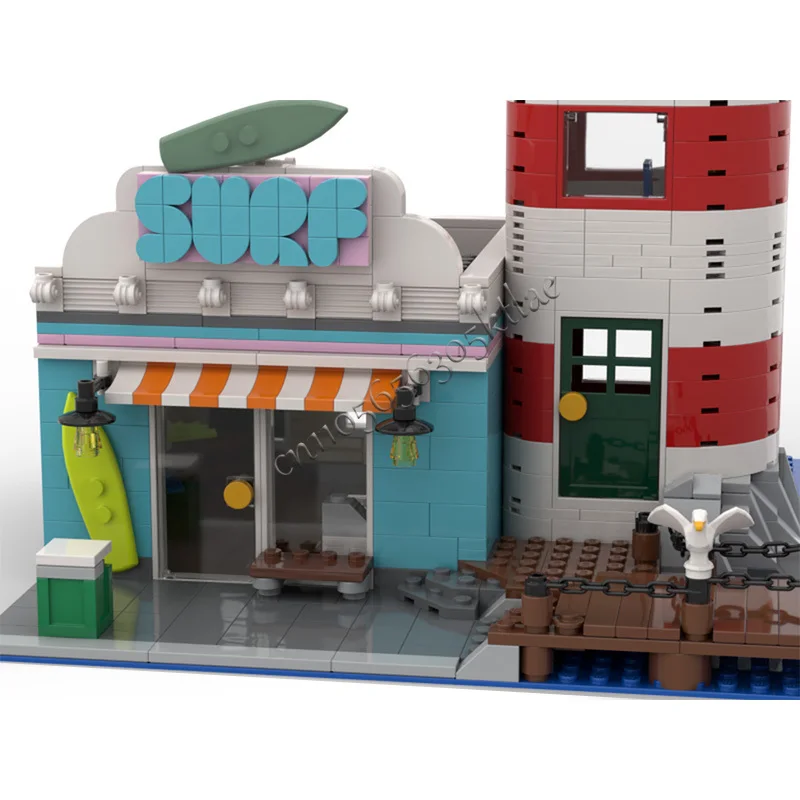 865 Uds casa calle faro y tablero tienda MOC personalizar bloque de construcción Modular diseño creativo modelo DIY montaje juguete para regalo