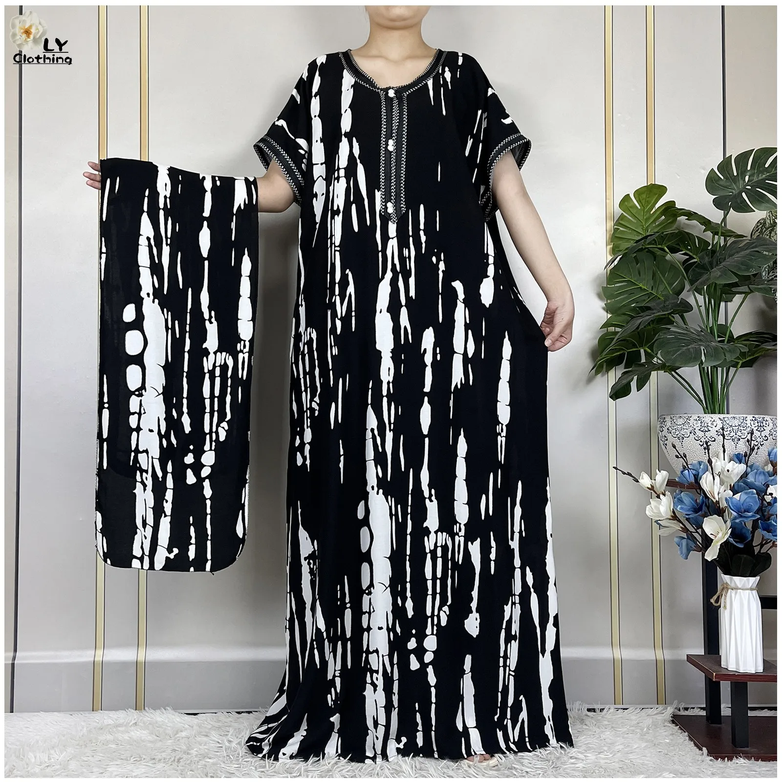 2024 Latest Summer African Lady Dress Cotton Printed Loose Floral Boubou Pocket Maxi Islam Women Short Sleeve Casual Abaya Robe