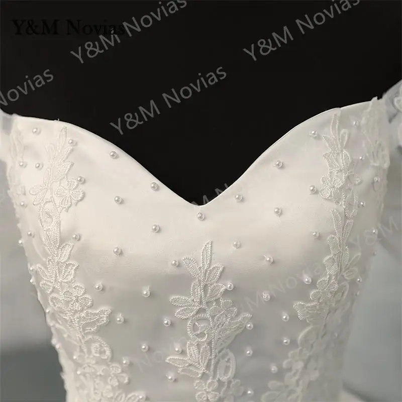 Y & M Novias Off spalla Plus Size Vestido De Noiva 2023 abito da sposa con manica bianco puro avorio pizzo Appliqes perle da sposa