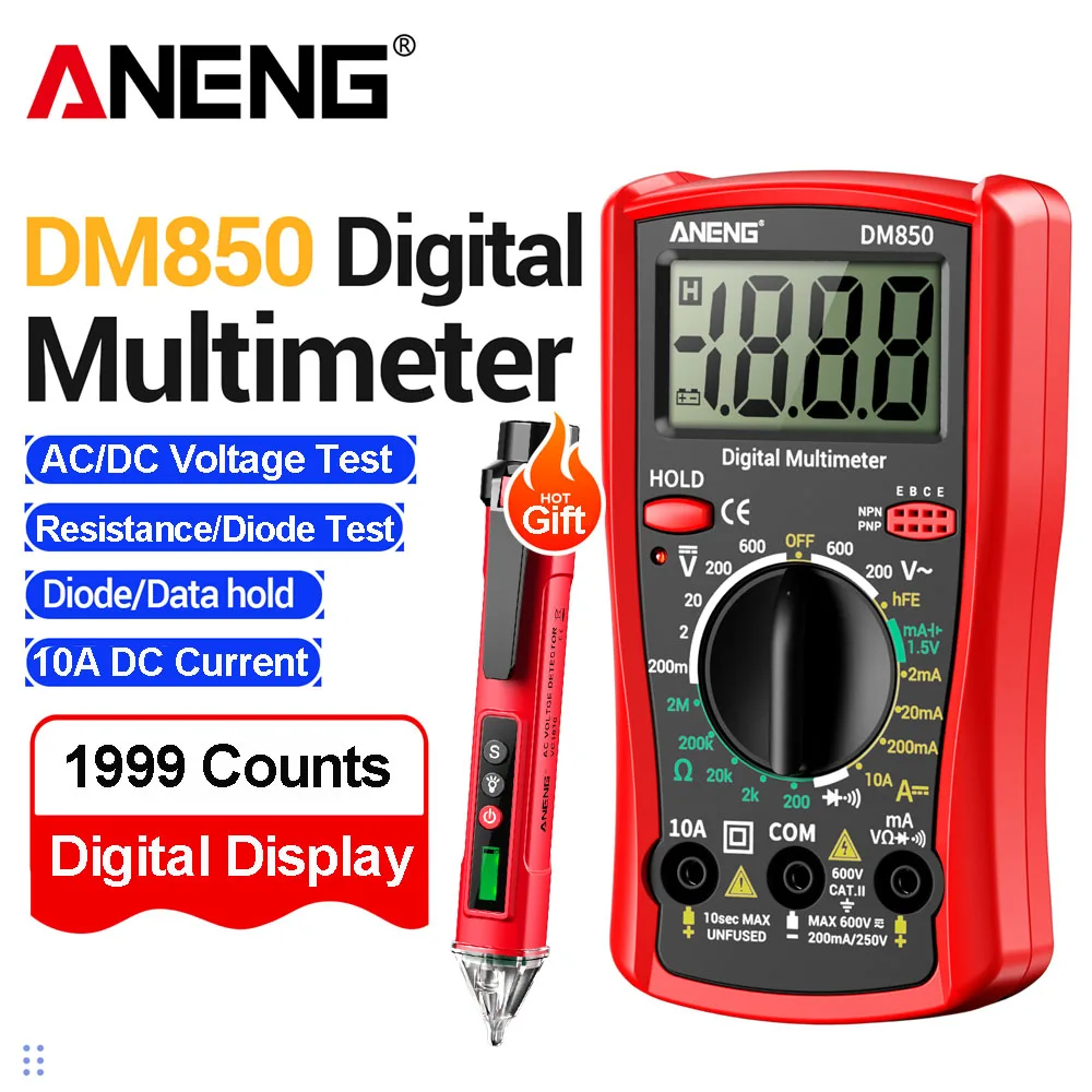 ANENG DM850 Digitales Multimeter Volt-Ampere-Ohm-Messgerät Handmultimeter Gratis Geschenk VC1010 Induktionsprüfstift für DIY-Elektroarbeiten